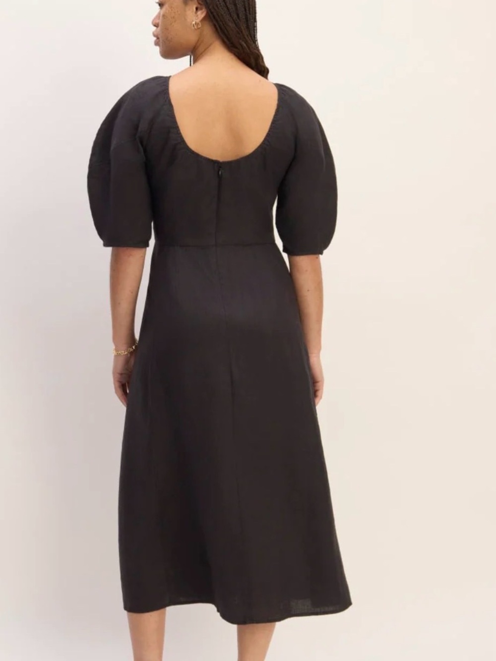 Everlane Black linen Puff-Sleeve Scoop-Back Midi Dress